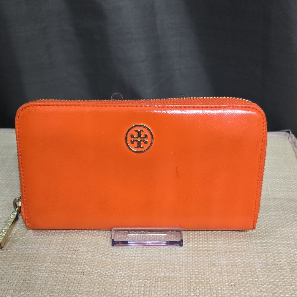 Tory Burch Long Bright Orange Zip-Around Leather Wallet